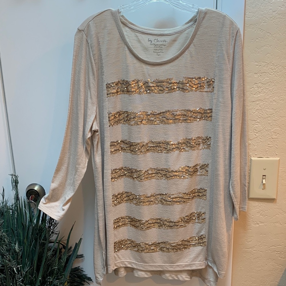 Chico's Tan and Gold Sequin 3/4 sleeve Top